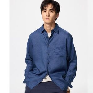 Uniqlo linen Men's Casual Button Down Shirt - Navy Blue XS